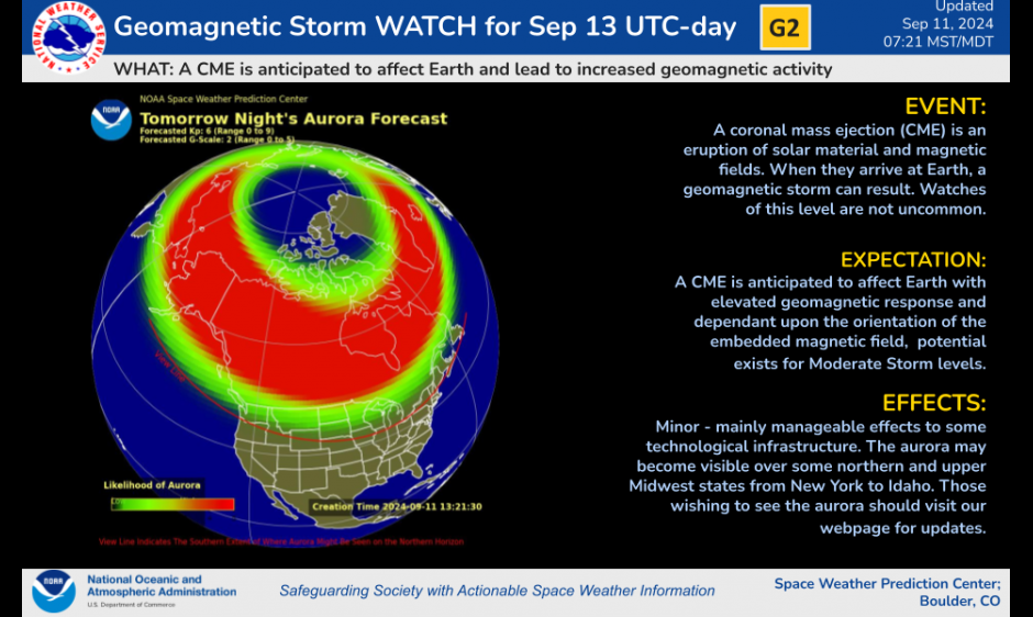 G2 (Moderate) geomagnetic storm levels are likely on 13 Sep (UTC day)