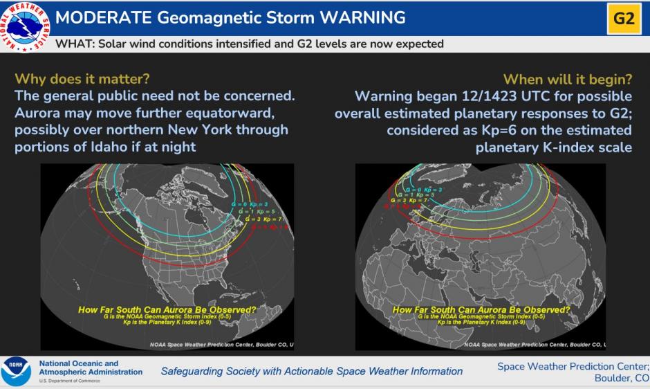 G2 Moderate Storm Warning. Aurora viewing line forecast.